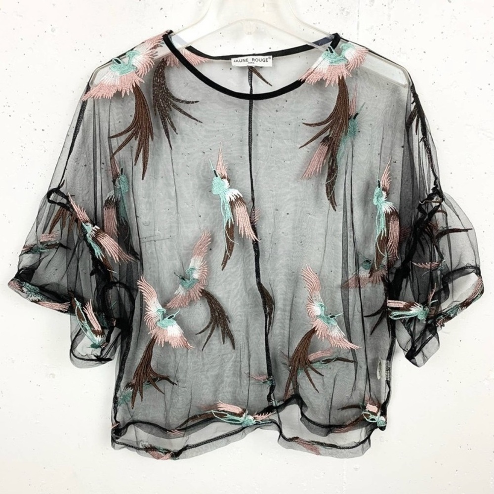 Jaune Rouge Paris Sheer Bell Sleeve Embroidered Bird Blouse Black Size XL